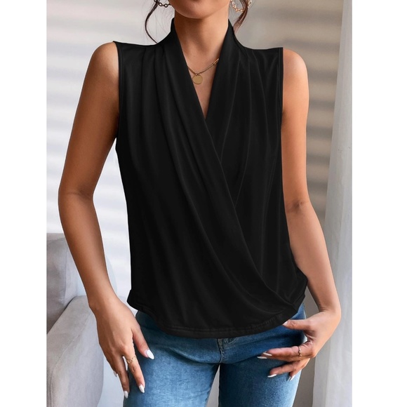 Draped Sleeveless Surplice V-Neck Blouse Top Black Overlapping Front Snap Button - Picture 5 of 6